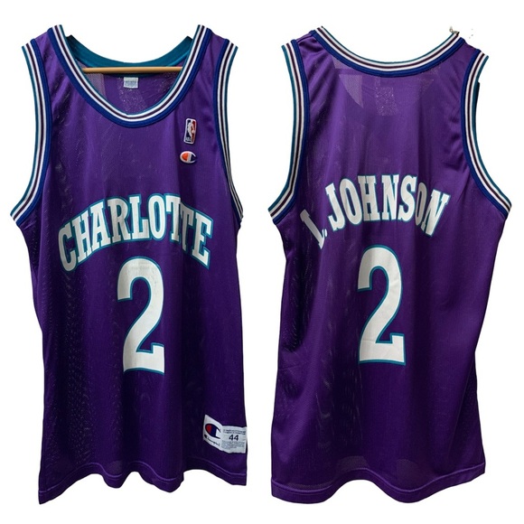 Vintage Champion Charlotte Hornets 2 L Larry Johnson NBA Basketball Jersey 44 - Picture 1 of 11